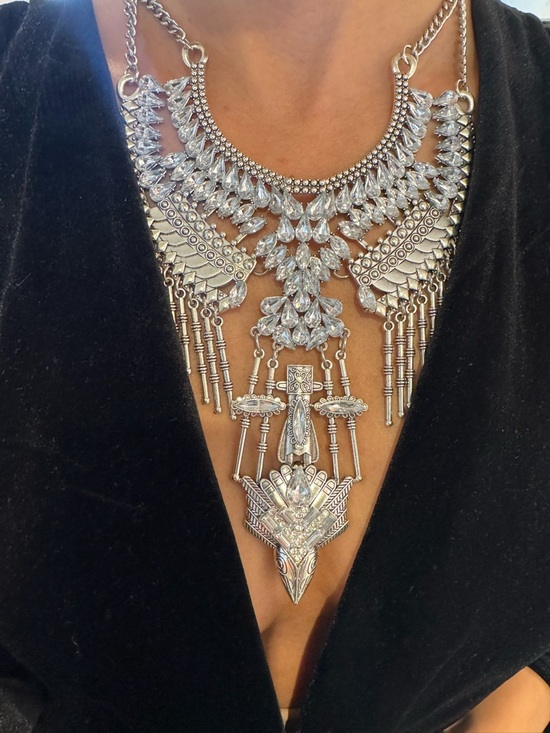 Jewelry - Silver Crystal Fringe Statement Necklace - Women Jewelry